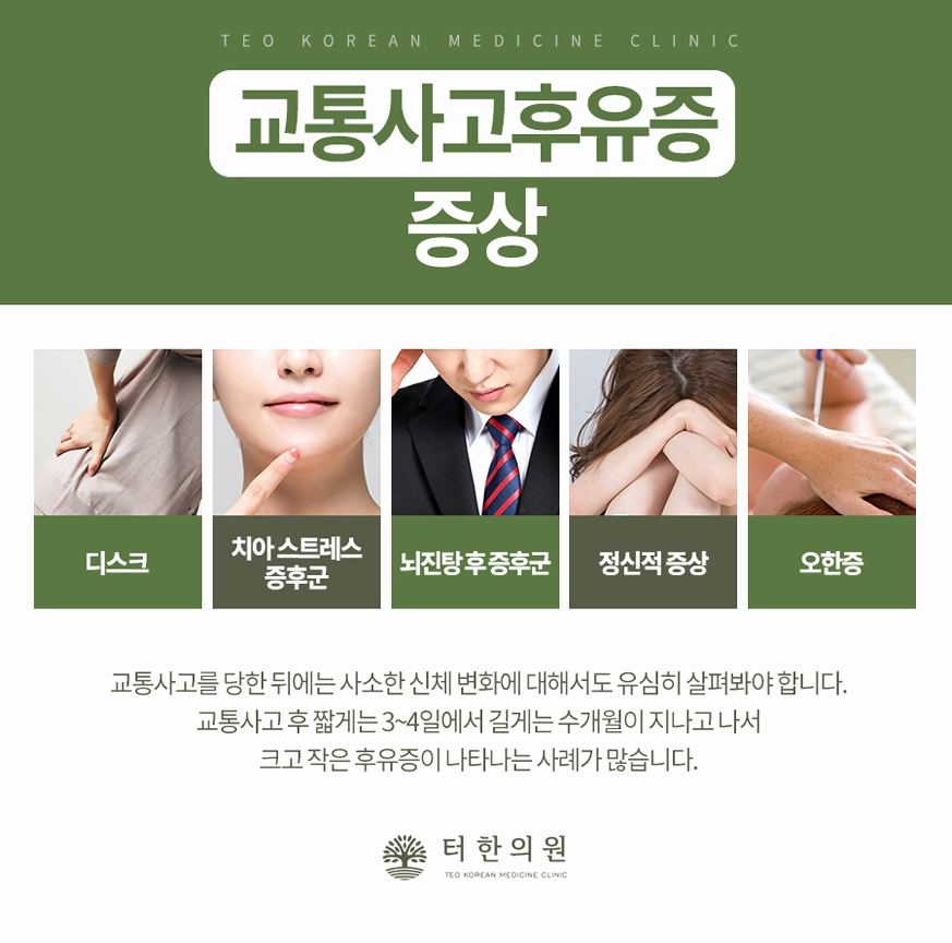 교통사고 후유증 증상을 신체 부위별 사진으로 설명한 안내문