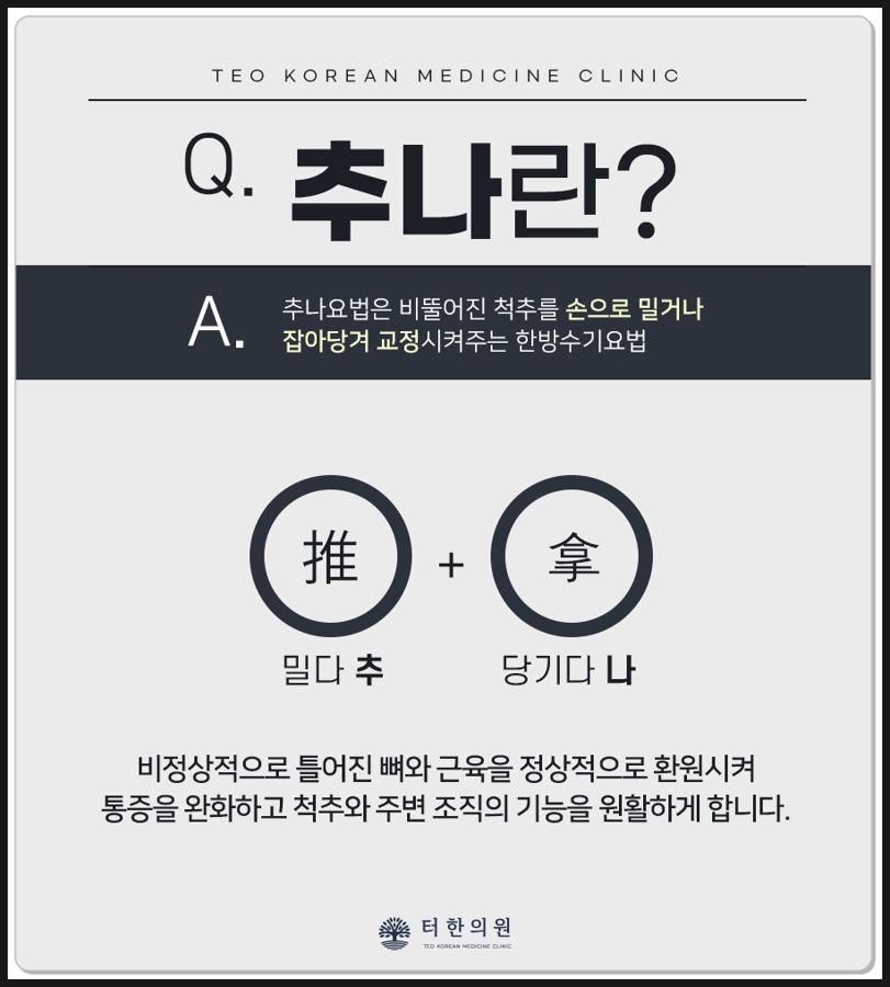 추나요법의 의미와 원리를 한자와 함께 설명한 안내문