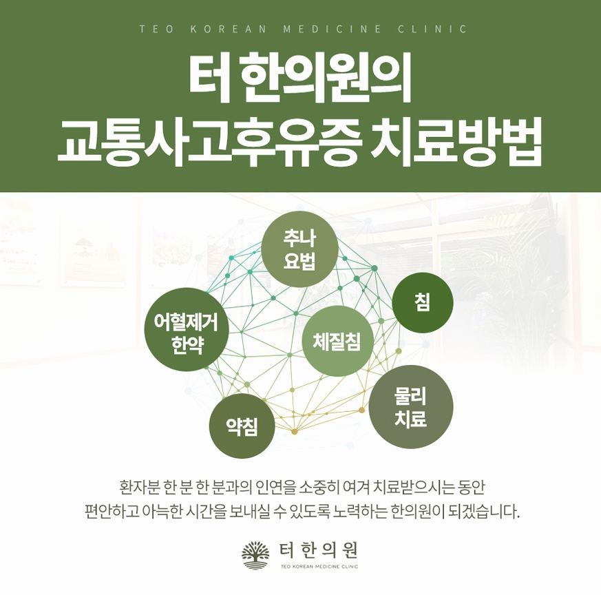 교통사고 후유증에 적용하는 한방 치료 방법 안내문