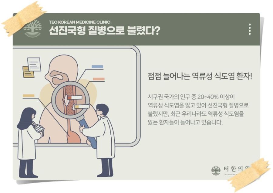 역류성 식도염을 설명하는 식도와 의료진 삽화