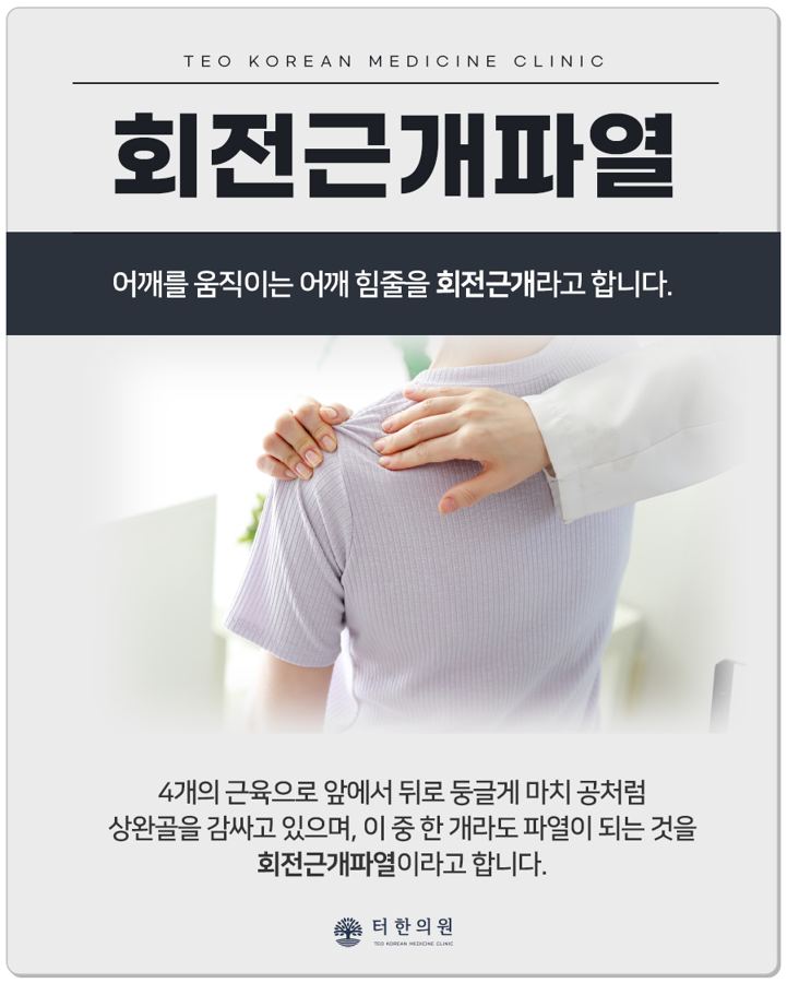 어깨를 짚은 사람과 회전근개파열을 설명한 안내 이미지
