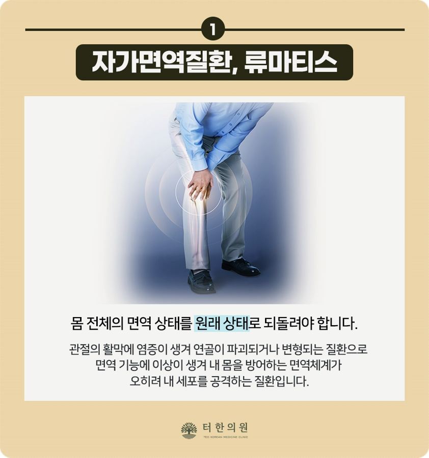 무릎을 짚은 하반신 모델과 류머티즘의 면역 이상을 설명한 이미지