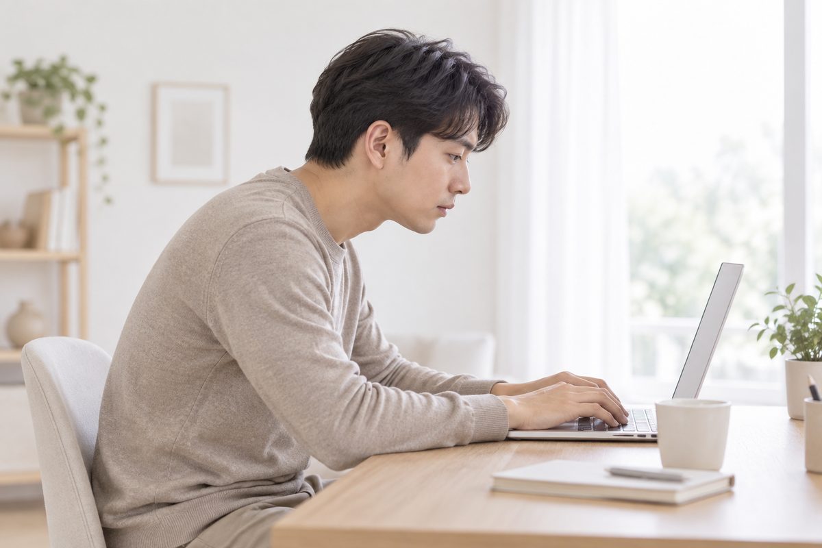 노트북 앞에서 고개를 앞으로 내민 자세로 앉아 있는 사람