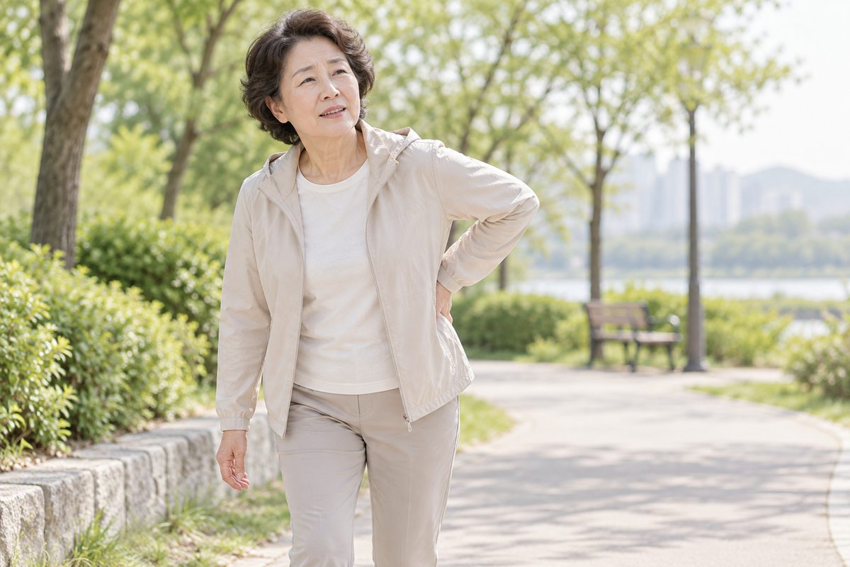 걷다가 멈춰 서서 허리와 다리를 살피는 중년